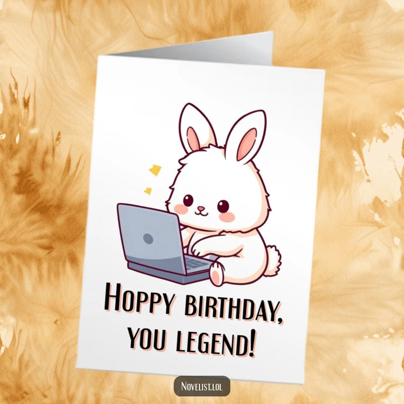 Funny Free Printable Birthday Card: Cute fluffy rabbit character typing enthusiastically on a laptop for a birthday wish.