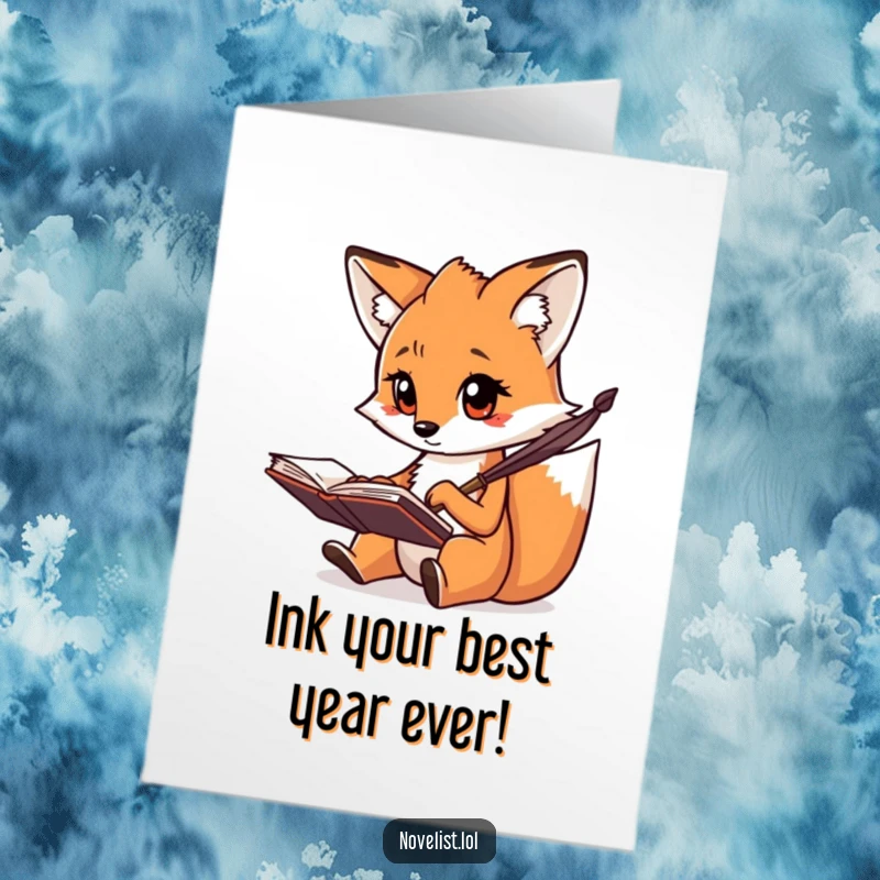 Funny Free Printable Birthday Card: Creative fox focusedly scribbling notes with a quill, celebrating a birthday with cleverness.