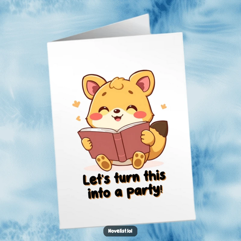 Funny Free Printable Birthday Card: An animated animal enthusiastically reading a book aloud, full of expressive gestures.