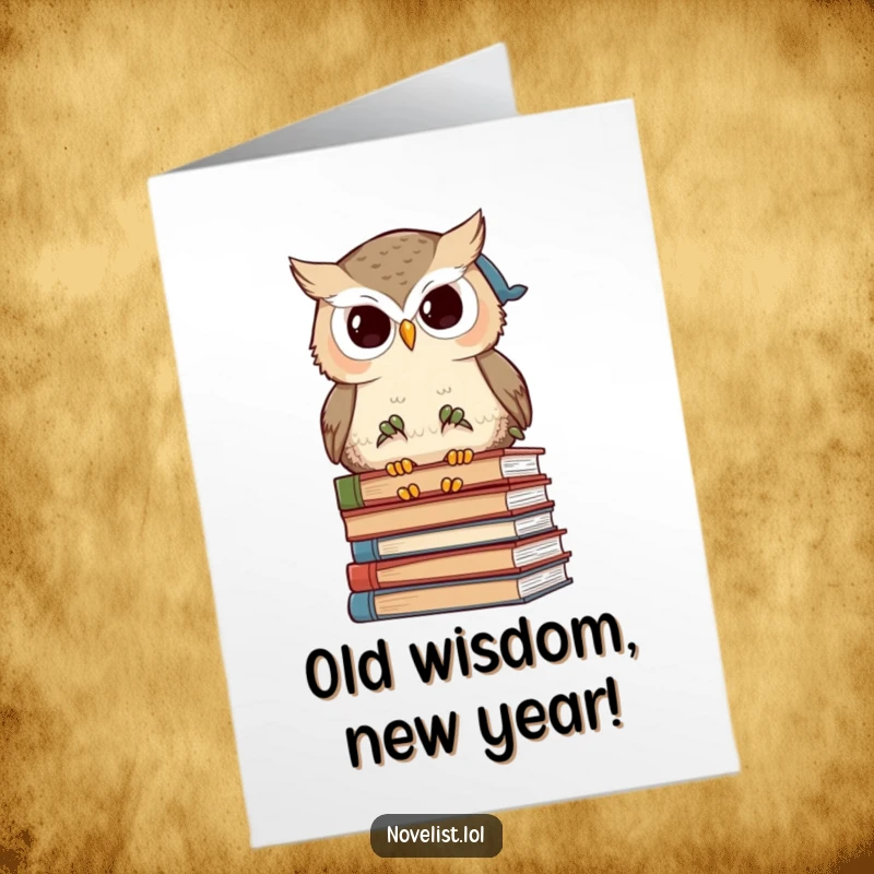 Funny Free Printable Birthday Card: Wise owl with glasses ponders books, offering a humorous academic celebration.