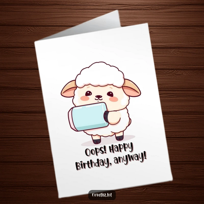 Funny Free Printable Birthday Card: Gentle sheep using a comically large eraser to remove a sentence from paper.