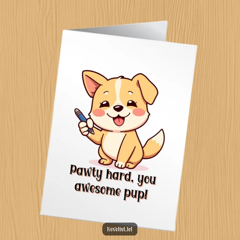 Funny Free Printable Birthday Card featuring a happy dog with wagging tail, dramatically using a pen to sign an important document.