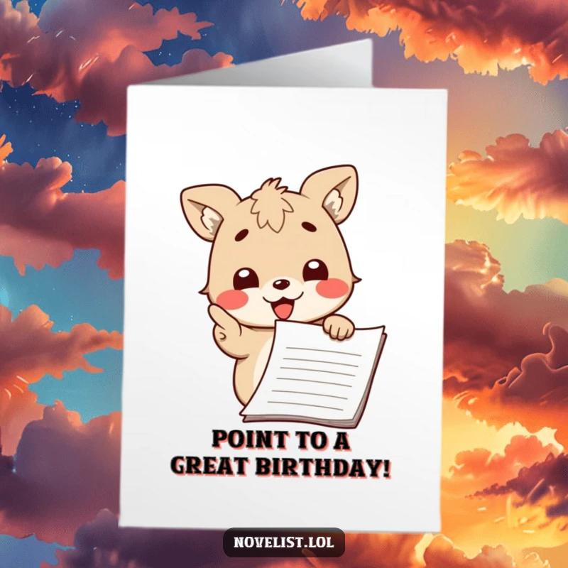 Funny Free Printable Birthday Card: A cute animal happily points at a manuscript, wishing a happy birthday to an author.