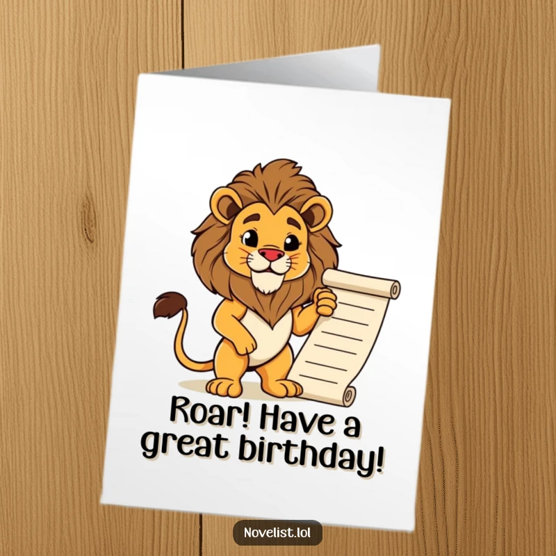 Funny Free Printable Birthday Card: Proud lion character in a regal pose, standing majestically beside a grand, flowing manuscript scroll.