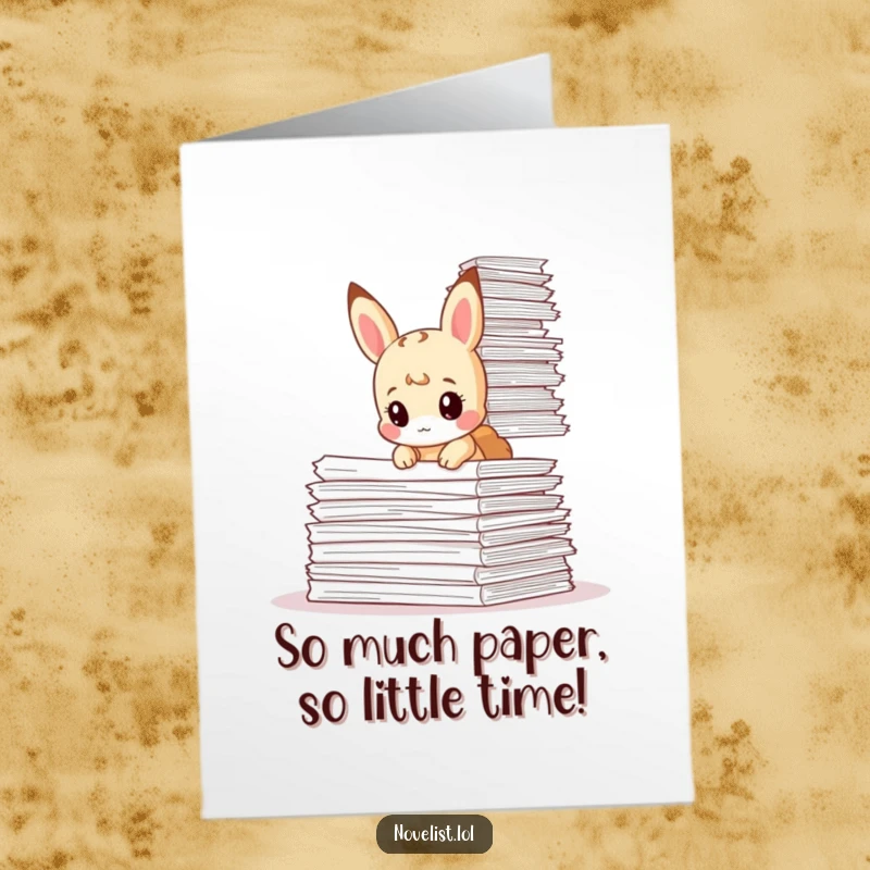Funny Free Printable Birthday Card: Tiny animal looking curiously at a giant stack of papers, exploring the unknown.