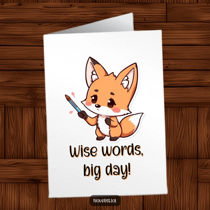 Funny free printable birthday card featuring a kawaii fox dramatically gesturing with a pen, looking deeply thoughtful and ready to write.