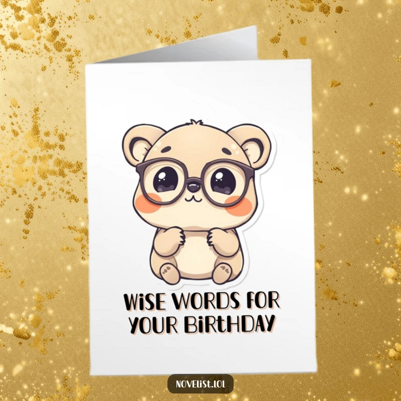 Funny Free Printable Birthday Card: A charming animal wearing spectacles, thoughtfully contemplating a single mysterious word, downloadable wit.