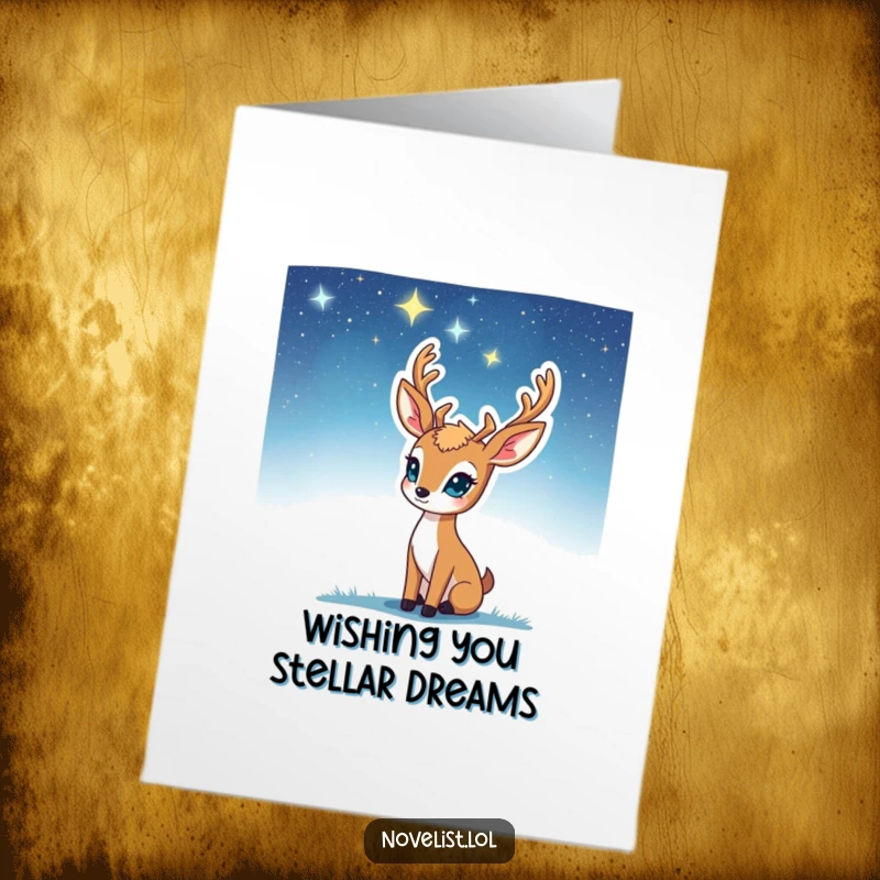 Funny free printable birthday card of a deer gazing at a starry sky, with a lightbulb of inspiration appearing.