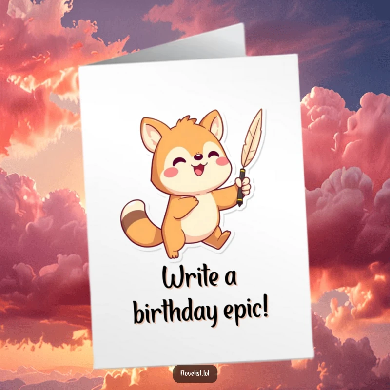 Funny Free Printable Birthday Card: A playful animal character dramatically holds a quill pen aloft, ready to write birthday wishes.