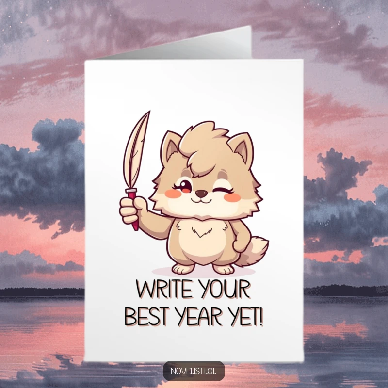 Funny Free Printable Birthday Card: Furry character with a confident smirk holding a quill pen aloft, ready to write a great birthday.