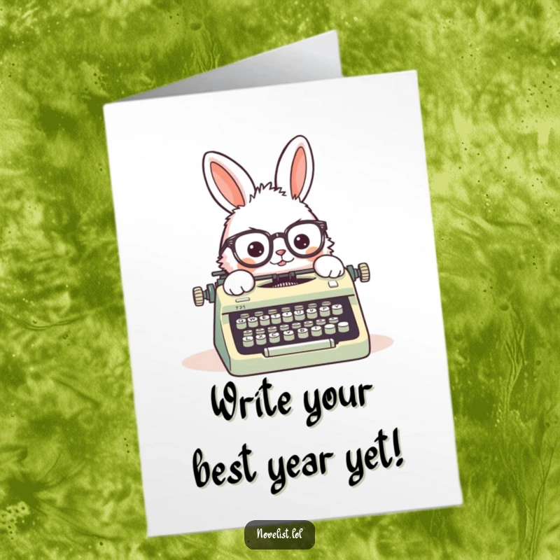 Funny Free Printable Birthday Card: Fluffy rabbit character happily types on a vintage typewriter, spectacles askew, writing birthday wishes.