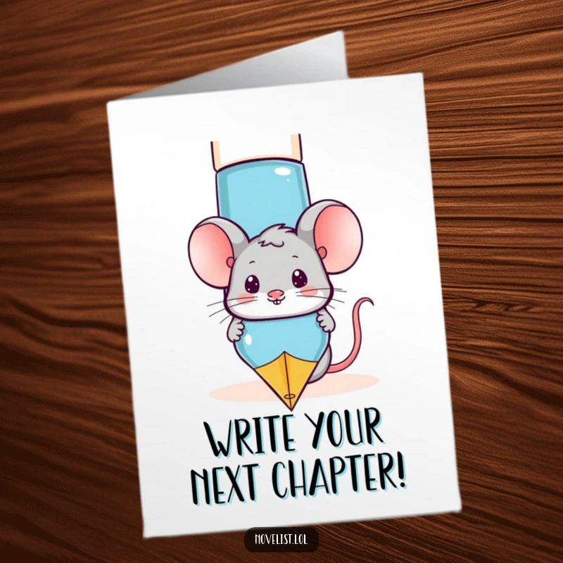 Funny free printable birthday card: a mischievous mouse peeks from behind a giant fountain pen, ready to sign with a smile.