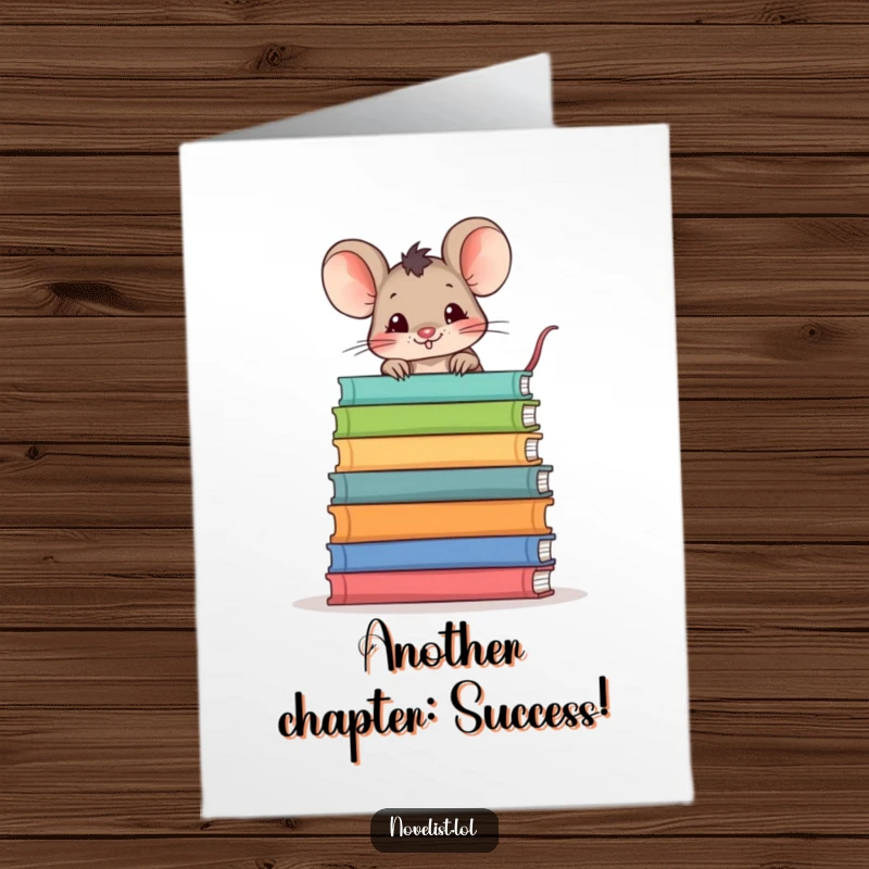 Funny Free Printable Congratulations Card: Mischievous mouse peeking over a huge stack of books, celebrating with glee.