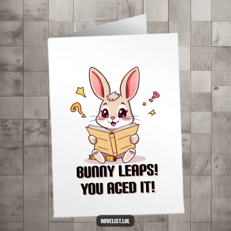 Funny Free Printable Congratulations Card: Curious rabbit reading, eyes sparkling with ideas, celebrating inspired success.
