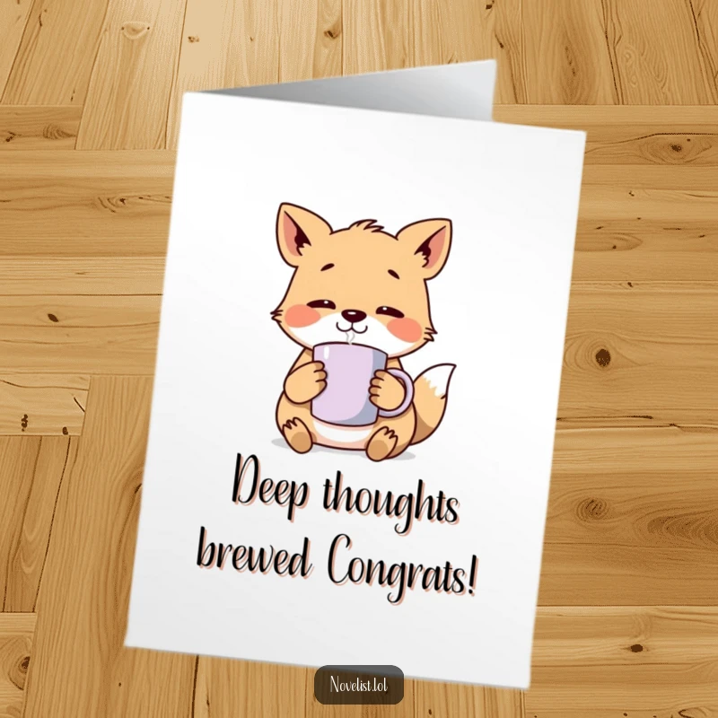 Funny Free Printable Congrats Card: An animal character pauses with a steaming mug, deep in contemplative thought.