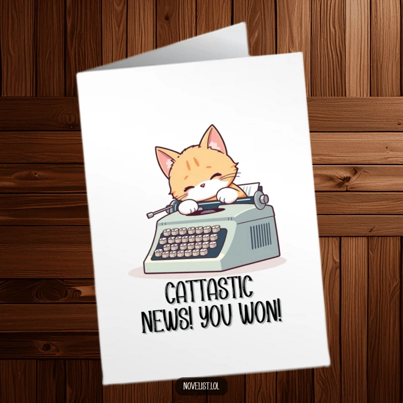 Funny free printable congratulations card: A cat enthusiastically types on a vintage typewriter, its wagging tail adding flair to the success story.