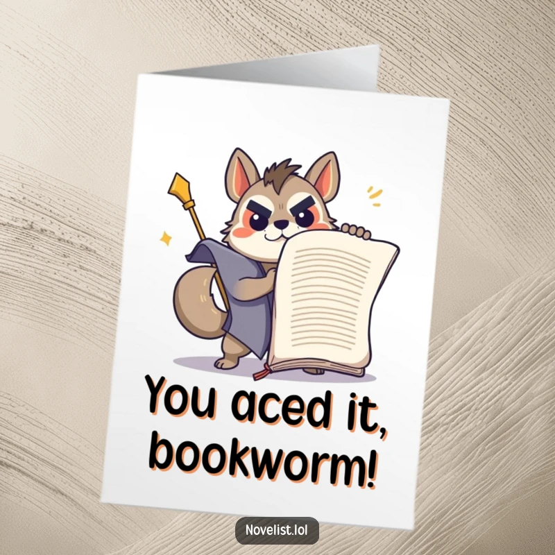 Funny Free Printable Congratulations Card: Determined animal character triumphantly wrestling a massive manuscript, symbolizing overcoming challenges and achieving success.