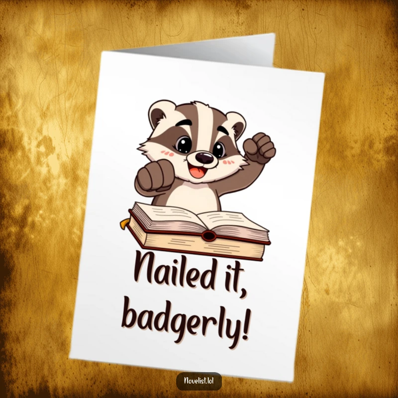 Funny Free Printable Congratulations Card: Cheerful badger slamming fist down, celebrating a successful accomplishment with force.