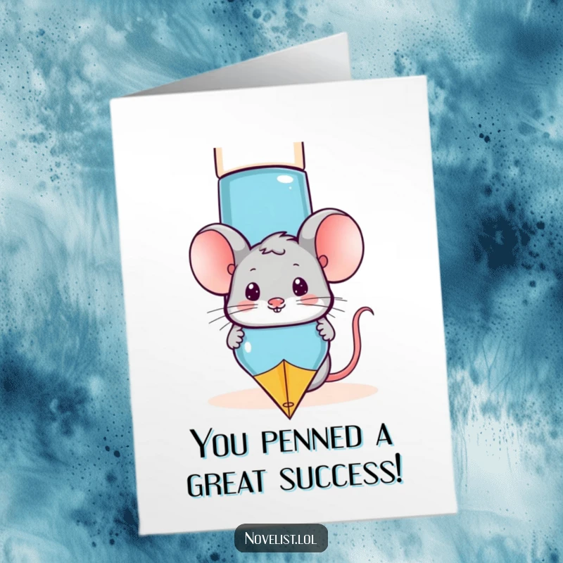 Funny free printable congratulations card: a playful mouse peeks from behind a giant fountain pen, ready to write the best wishes.