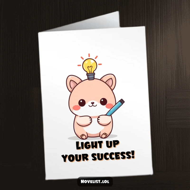 Funny Free Printable Congratulations Card: Kawaii animal with a glowing lightbulb, holding a pen, celebrating a brilliant success.
