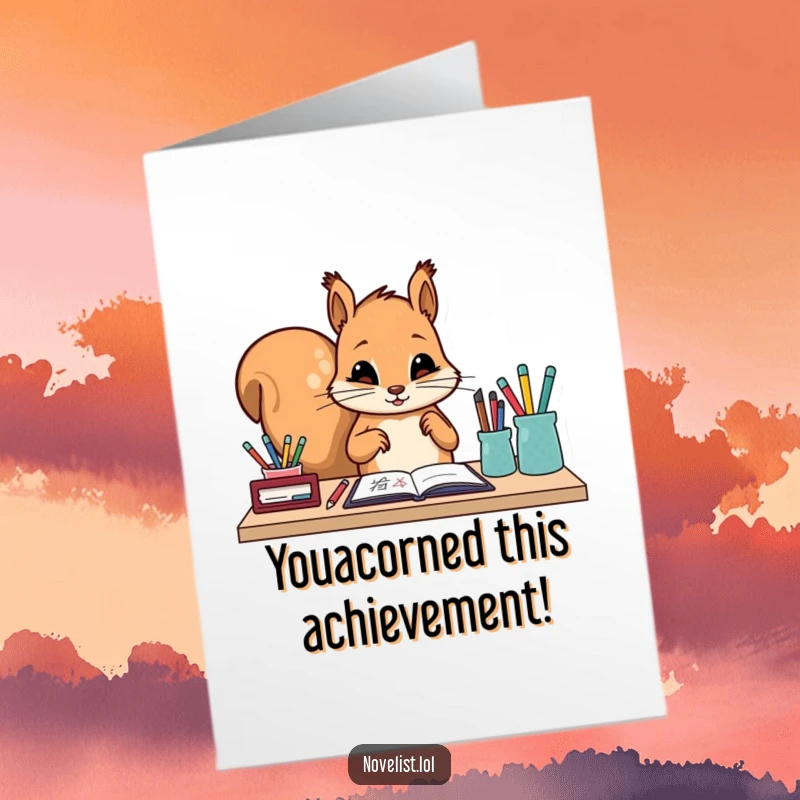 Funny Free Printable Congratulations Card: Industrious squirrel character neatlying arranging various writing instruments on a wooden desk, symbolizing preparedness.