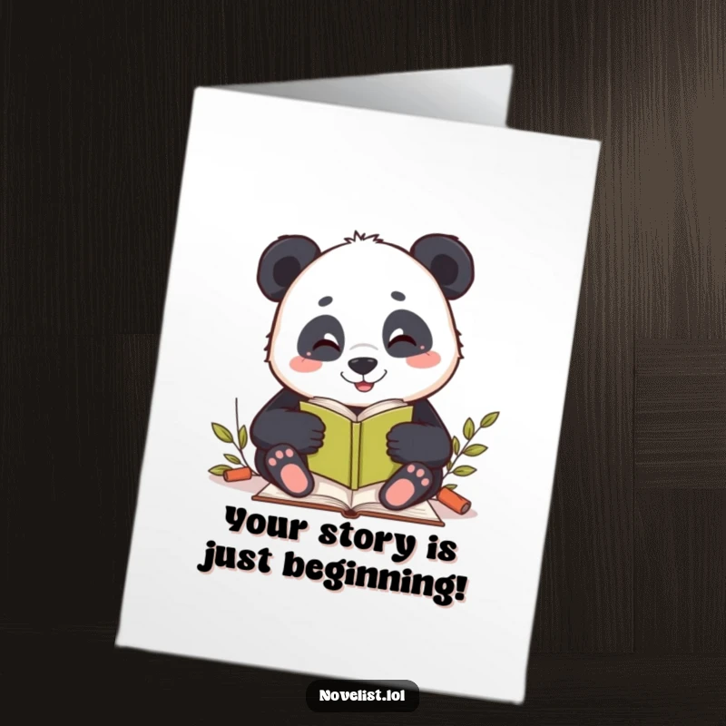 Funny Free Printable congratulations card: A cheerful panda excitedly writes a story, perfect for celebrating success.