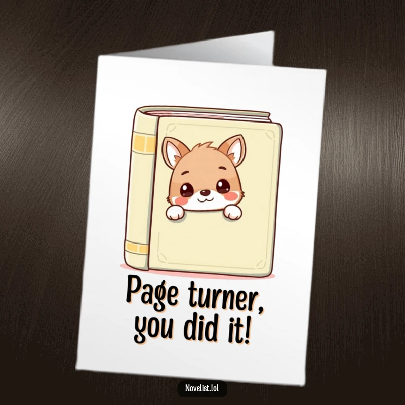 Funny Free Printable Congrats Card: Cute animal peeking from behind a large book, celebrating achievement with humor.