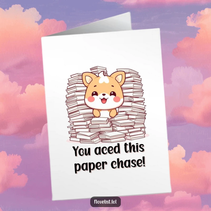 Funny Free Printable Congratulations Card of a happy animal character looking pleased, surrounded by immense, overflowing stacks of paper.