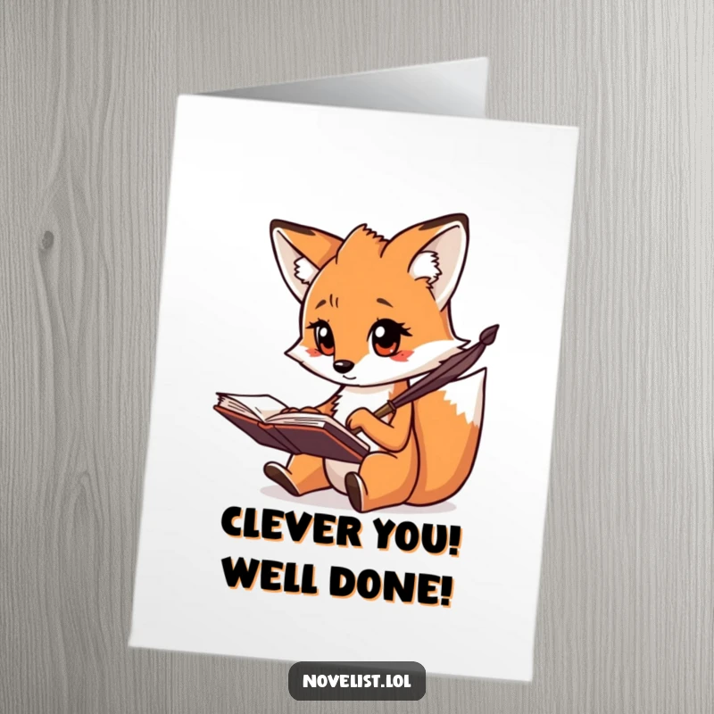 Funny Free Printable Congratulations Card: Creative fox scribbling notes, celebrating a smart success with focus and wit.