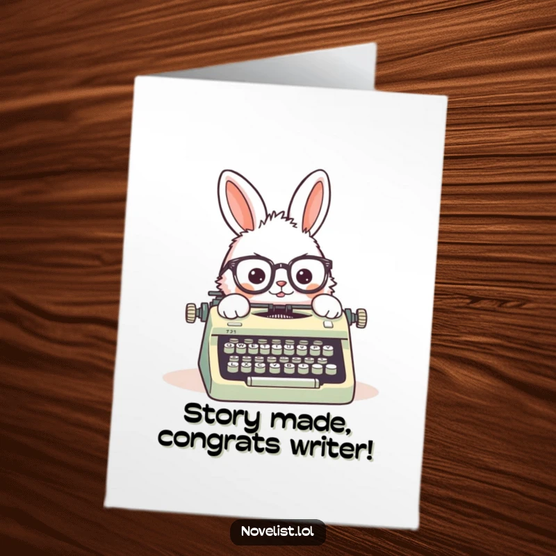 Funny Free Printable Congrats Card: Fluffy rabbit character types on a vintage typewriter with spectacles askew, celebrating success.