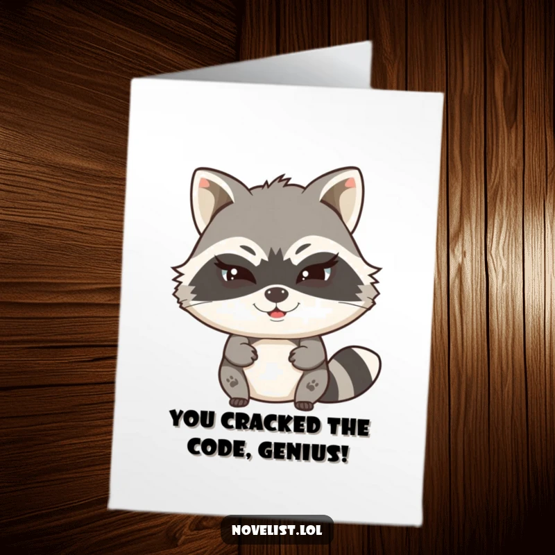 Free Printable Congratulations Card featuring a witty raccoon typing a secret story with a mischievous wink, celebrating success.