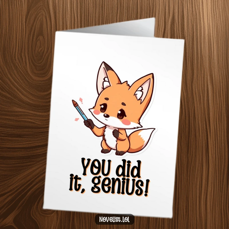 Funny free printable congratulations card with a thoughtful kawaii fox gesturing dramatically with a pen, celebrating big wins.