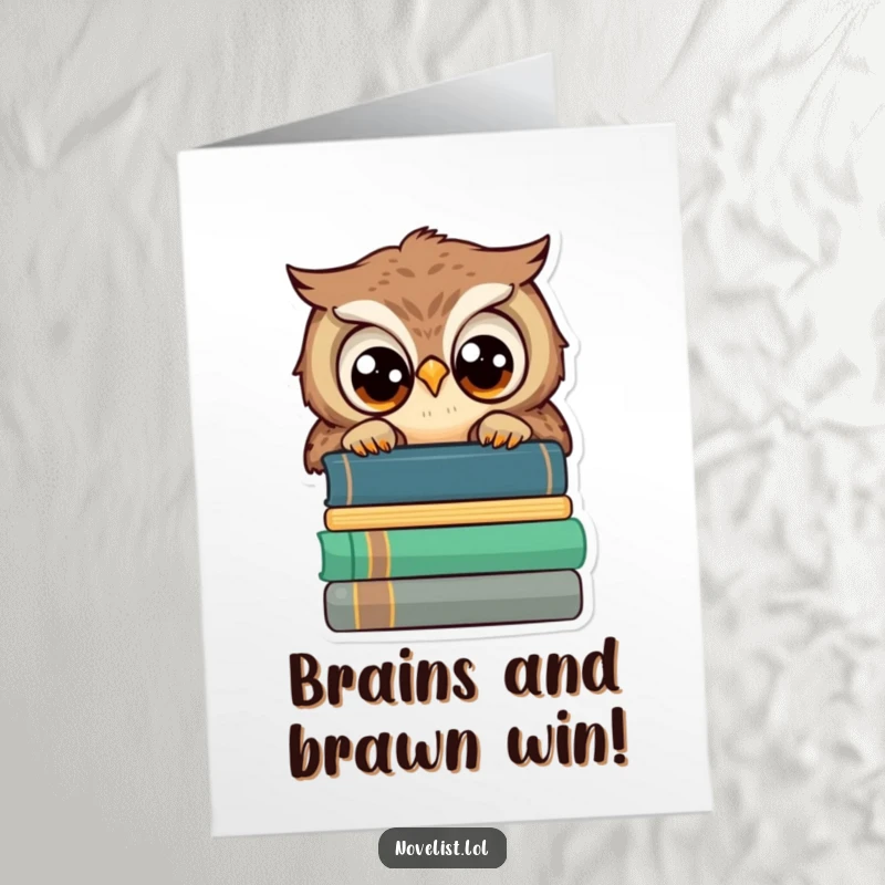 Funny free printable congratulations card with a small owl peeking wisely over books, celebrating success with big eyes.