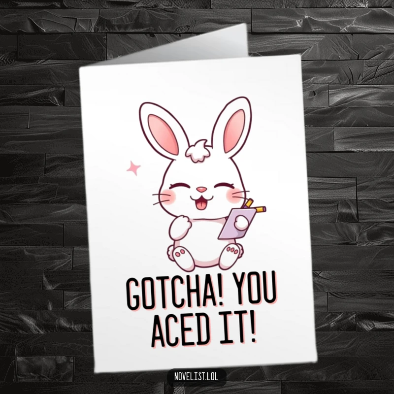 Funny free printable congratulations card with a rabbit character winking and scribbling notes, smirking over their success.
