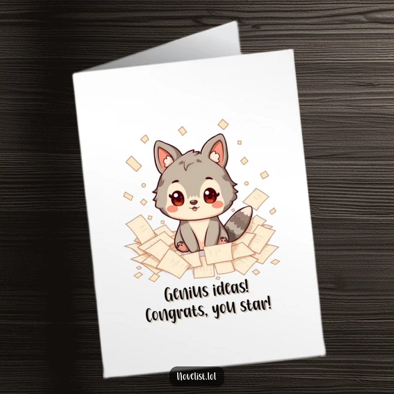 Funny Free Printable Congrats Card: An animal character is surrounded by papers, radiating inspiration after a brilliant idea.