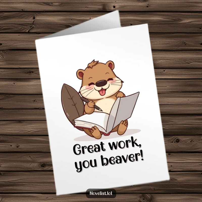 Funny Free Printable Congratulations Card: A beaver wearing a tiny hat, intensely writing in a large book with a quill.