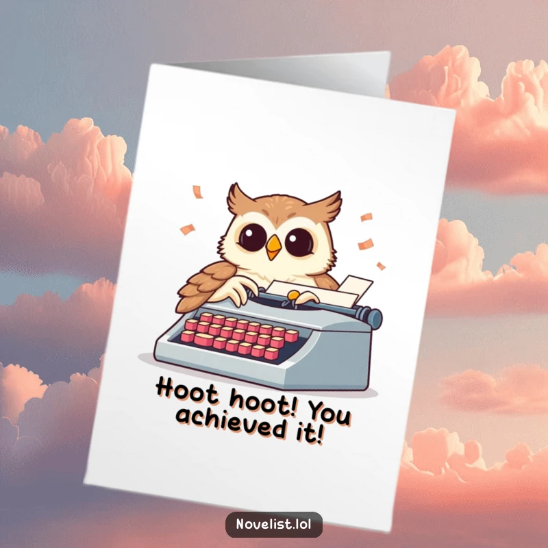 Funny Free Printable Congratulations Card: Wise owl typing furiously, celebrating a literary success with humor and rapid keystrokes.