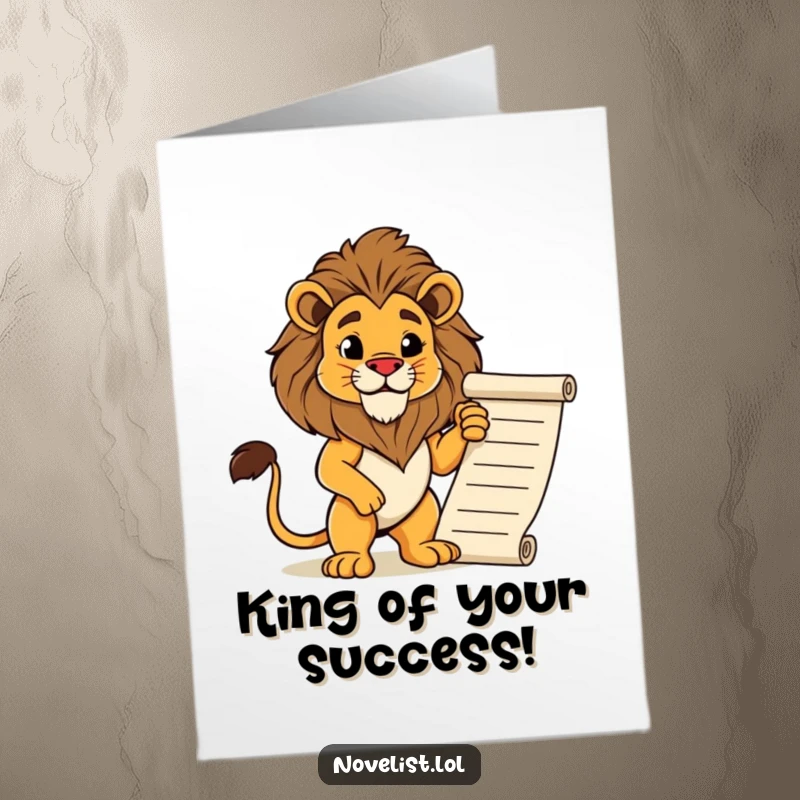 Funny Free Printable Congratulations Card: Proud lion character striking a powerful, regal pose next to a magnificent, unfurled manuscript.