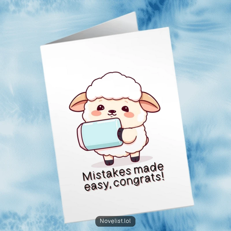 Funny Free Printable Congratulations Card: Sheep using a huge eraser to wipe away a written sentence.