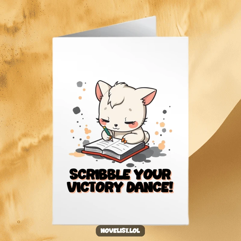 Funny Free Printable Congratulations Card: Whimsical animal scribbling madly in a notebook, leaving ink splotches, celebrating creativity.