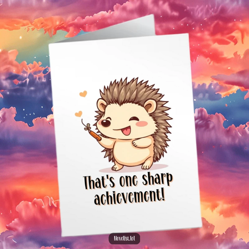Funny Free Printable Congratulations Card: Small hedgehog with a big smile adding a fancy flourish to a drawing.