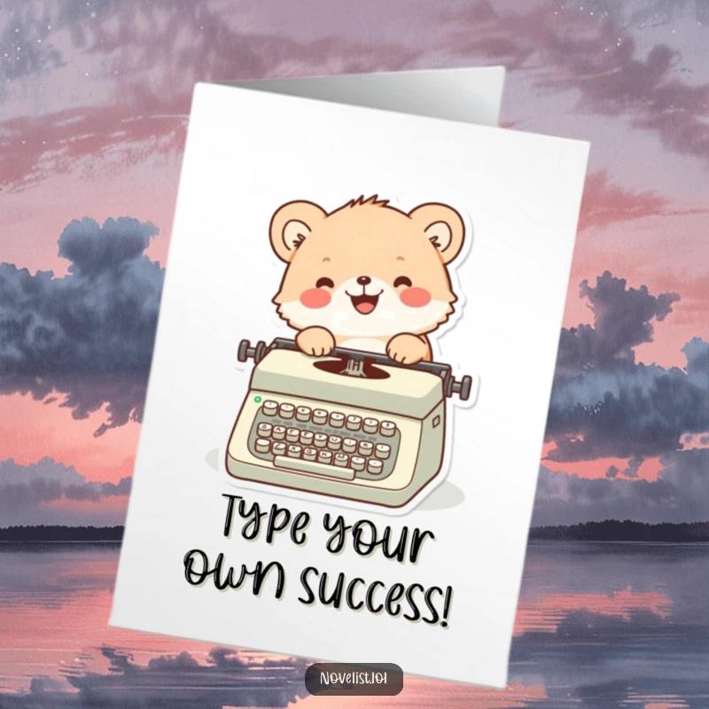 Funny Free Printable Congratulatory Card: A cheerful animal joyfully types on a vintage typewriter, celebrating a grand accomplishment.