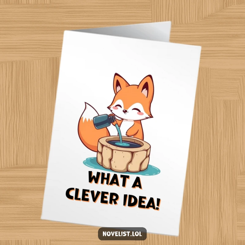Funny Free Printable Congrats Card: Happy fox animal character pouring ink into a well, symbolizing good fortune.