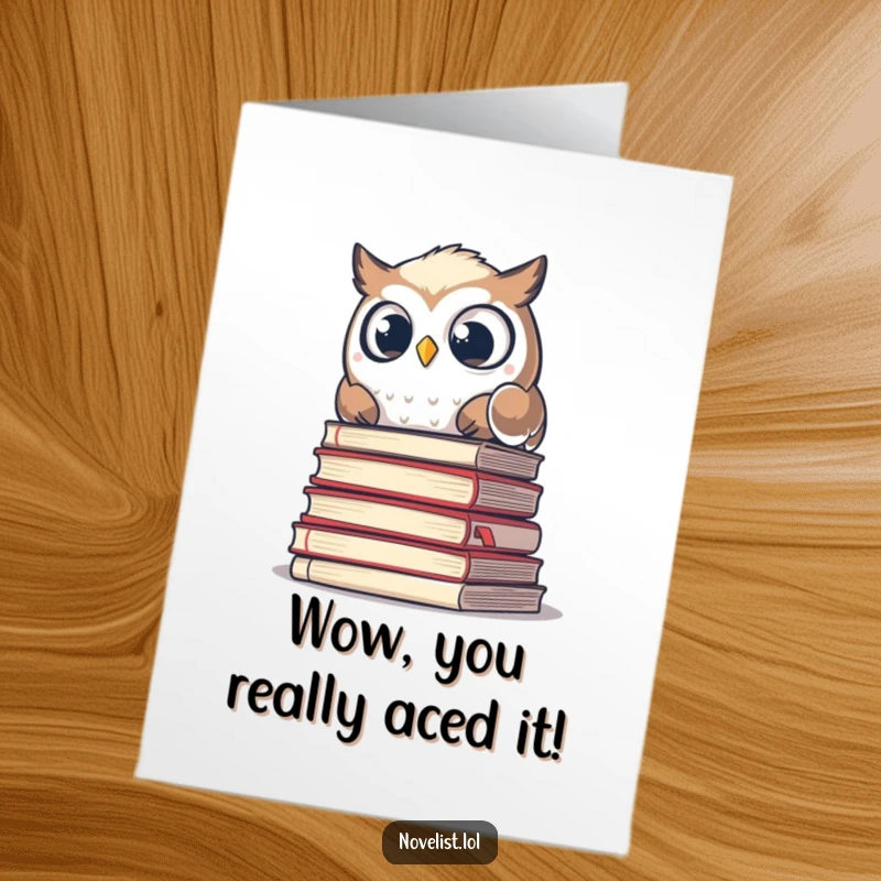 Free Printable Congratulations Card showing a wide-eyed owl peeking over a mound of books, conveying surprise and congratulations.