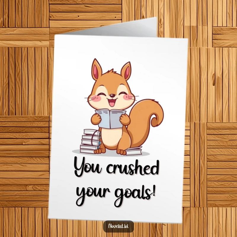 Funny free printable congratulations card of a squirrel meticulously stacking papers with an expression of pure organizational joy.