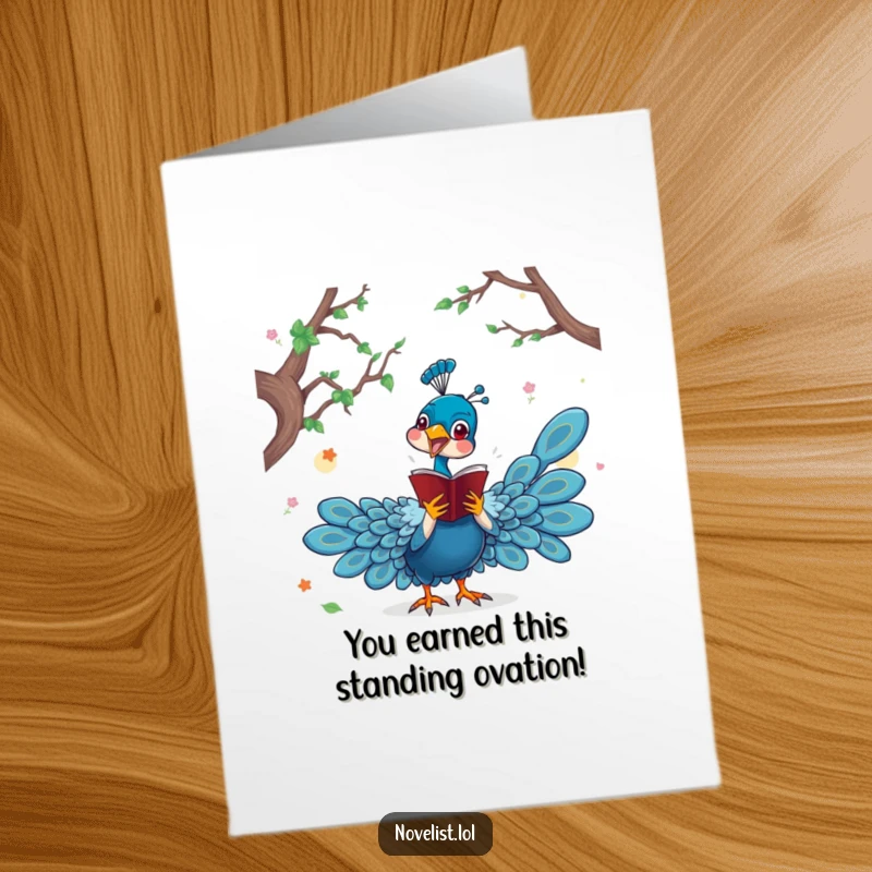Free Printable Congratulations Card featuring a dramatic peacock character acting out a triumphant scene from a novel, celebrating success.