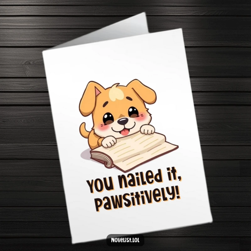 Funny Free Printable Congratulations Card: Dog comically tripping over manuscript, surprised look, celebration mishap, downloadable art.