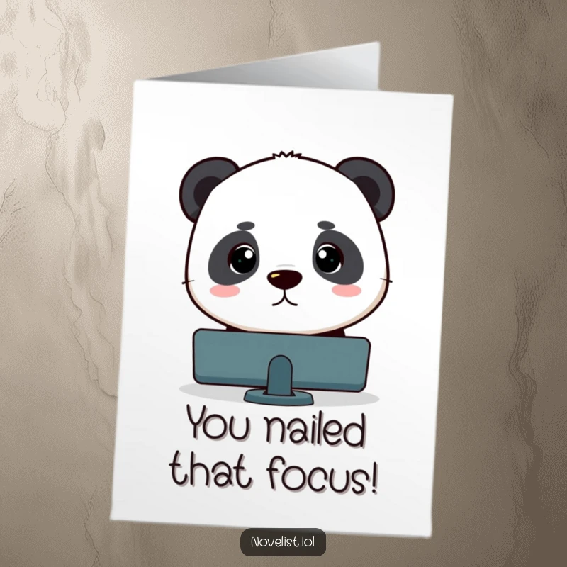 Funny free printable congratulations card: a panda stares intently at a blinking cursor, symbolizing focus and achievement, a great downloadable gift.