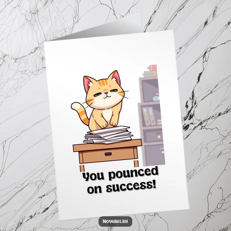 Funny free printable congratulations card with a determined cat jumping onto a desk, celebrating a major achievement.