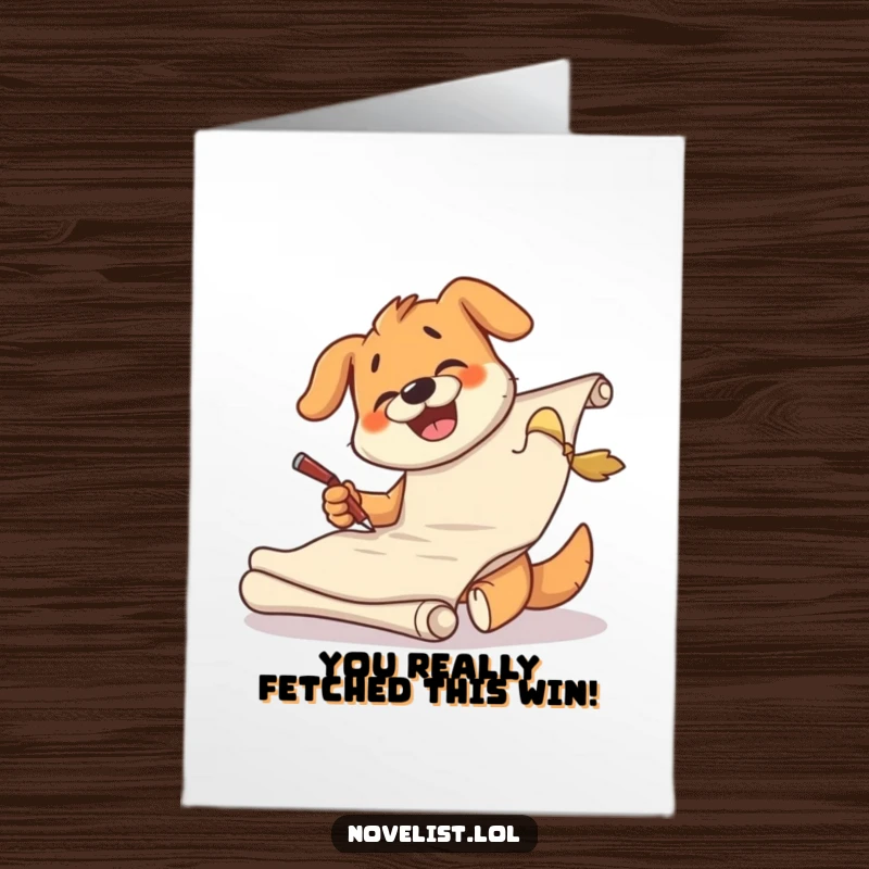 Funny free printable congrats card featuring a giggling dog creating a masterpiece scroll, celebrating your big win.